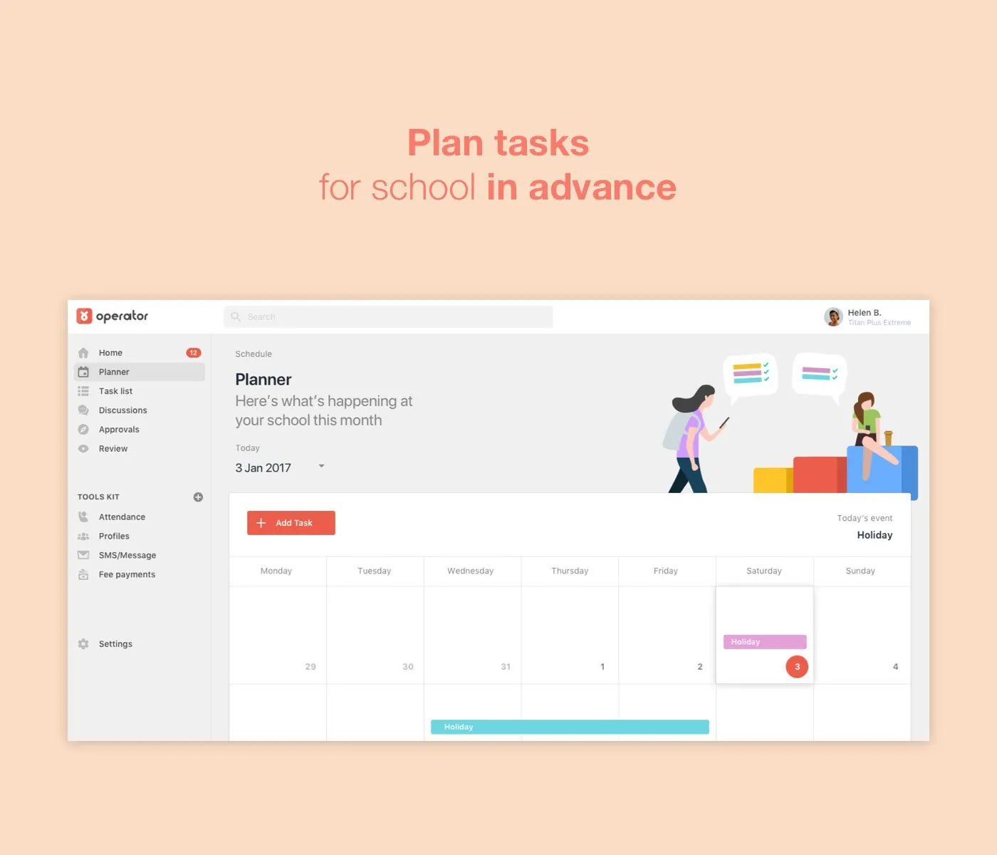 Rigkno dashboard for school operators: plan tasks for school in advance